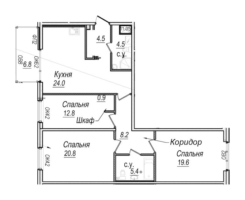 3-комнатная квартира 102.7 м², 5/8 эт., Комплекс апартаментов «Meltzer Hall»